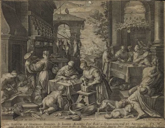 Der üppige Vielfraß am Tisch und der Bettler Lazarus aus der Serie Küchenszenen